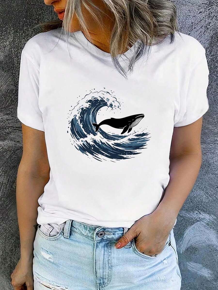 Camiseta de manga corta estampada para mujer con cuello redondo, moderna y casual, lavable a máquina, ajuste cómodo. Blusas para mujer casual. - Blanco_02 - Ver 1