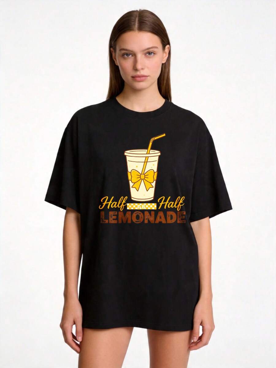 Women's T-Shirt, Casual Summer T-Shirt With Round Neck, Sizes S-2XL, 100% Pure White With Half-Body Lemonade Print, Suitable For Family Wear And Couple Sets, Perfect For Warm Days And Casual Outings, An Ideal Gift For Mom, Mother's Day, Relatives And Good Friends. - 黑色 - 查看 1