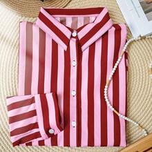 Chaqueta ligera con inspiración vintage para mujer, blusa casual de manga larga con botones, estampado de rayas y bloques de color bohemio, rosa, suelta, cómoda, elegante, romántica, urbana y casual para primavera - Naranja - Ver 6