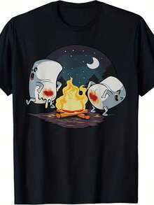 S'Mores Campfire Clouds Roasted Cotton T-Shirt, Gift For Dad And Yoga Enthusiasts, Unisex Summer 2025 Design, Short Sleeve, 220G Pure Cotton Material. - 黑色 - 查看 8