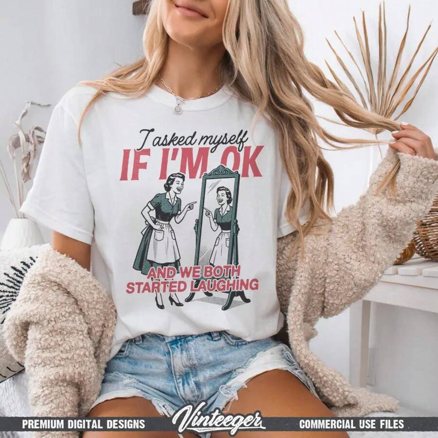 Diseño divertido para imprimir sobre salud mental - Gráfico digital retro y humorístico para imprimir - Humor sobre la ansiedad por sublimación - Camiseta de vida de madre loca - Blanco - Ver 1
