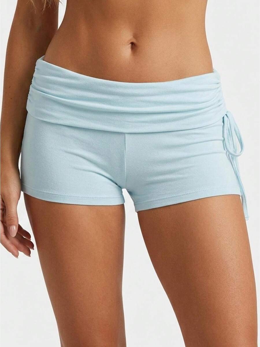 Women Fold Over Waist Shorts Fashionable Solid Color Low Rise Slim Fit Mini Shorts For Beach Daily Wear - Blue - View 1