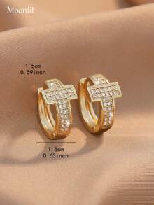 1 Pair Classic Zirconia Inlaid Cross Earrings, Exuding European And American Luxury Charm, Inlaid With High Luster Zirconia, Minimalist And Fashionable Design Suitable For Any Occasion, Exquisite And Compact Clip-On Design Convenient For Commuting And Daily Wear. - Cross - View 3