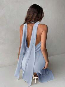 Vestido de mujer con cuello drapeado, línea A, fluido y con lazo en la espalda, color amarillo - Celeste - Ver 5