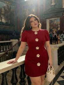 MOD Vestido negro vintage glamoroso de talla grande para mujer con acentos de rosa metálico - perfecto para estética, look preppy, citas, fiestas, vacaciones, meriendas, cumpleaños, uso en la oficina y para ir y venir, con aire de dinero antiguo.Primavera/Verano - Burdeos - Ver 1