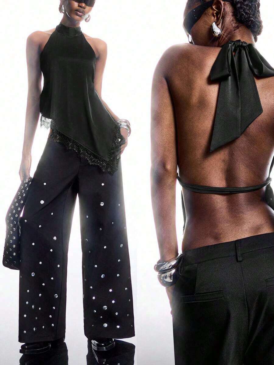 2026 Nuevo Top de Tirantes Minimalista de Primavera/Verano para Mujer, unicolor, Cuello Alto, Sin Mangas, Volantes, Bajo Asimétrico, Color Azul Marino - Negro - Ver 1