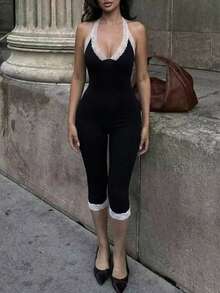 Jumpsuit Pas Badan Tanpa Lengan dengan Leher V dan Hiasan Renda, Model Baru Eropa dan Amerika Tahun 2026, Warna Solid, Model Musim Panas Hitam - Hitam - View 7