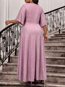 Vestido de fiesta elegante con cuello en V y cintura fruncida para tallas grandes - Rosa - Ver 2
