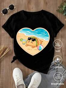 Short-Sleeved T-Shirt For Spring/Summer 2026, Made In Mexico, 180 Grams. Cartoon Print, Couple Design, Suitable For Indoor Or Outdoor Wear. Crew Neck, Unisex, Ideal For Office And Leisure. One-Pack. - 黑色 - 查看 1