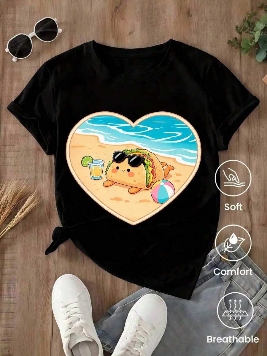 Short-Sleeved T-Shirt For Spring/Summer 2026, Made In Mexico, 180 Grams. Cartoon Print, Couple Design, Suitable For Indoor Or Outdoor Wear. Crew Neck, Unisex, Ideal For Office And Leisure. One-Pack. - 黑色 - 查看 1