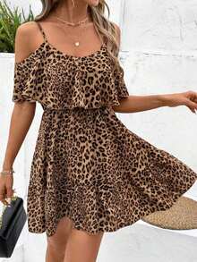 Vestido corto elegante de mujer con cuello en V, volantes, cintura y línea A, con estampado de lunares marrones y hombros descubiertos - Multicolor 4 - Ver 3