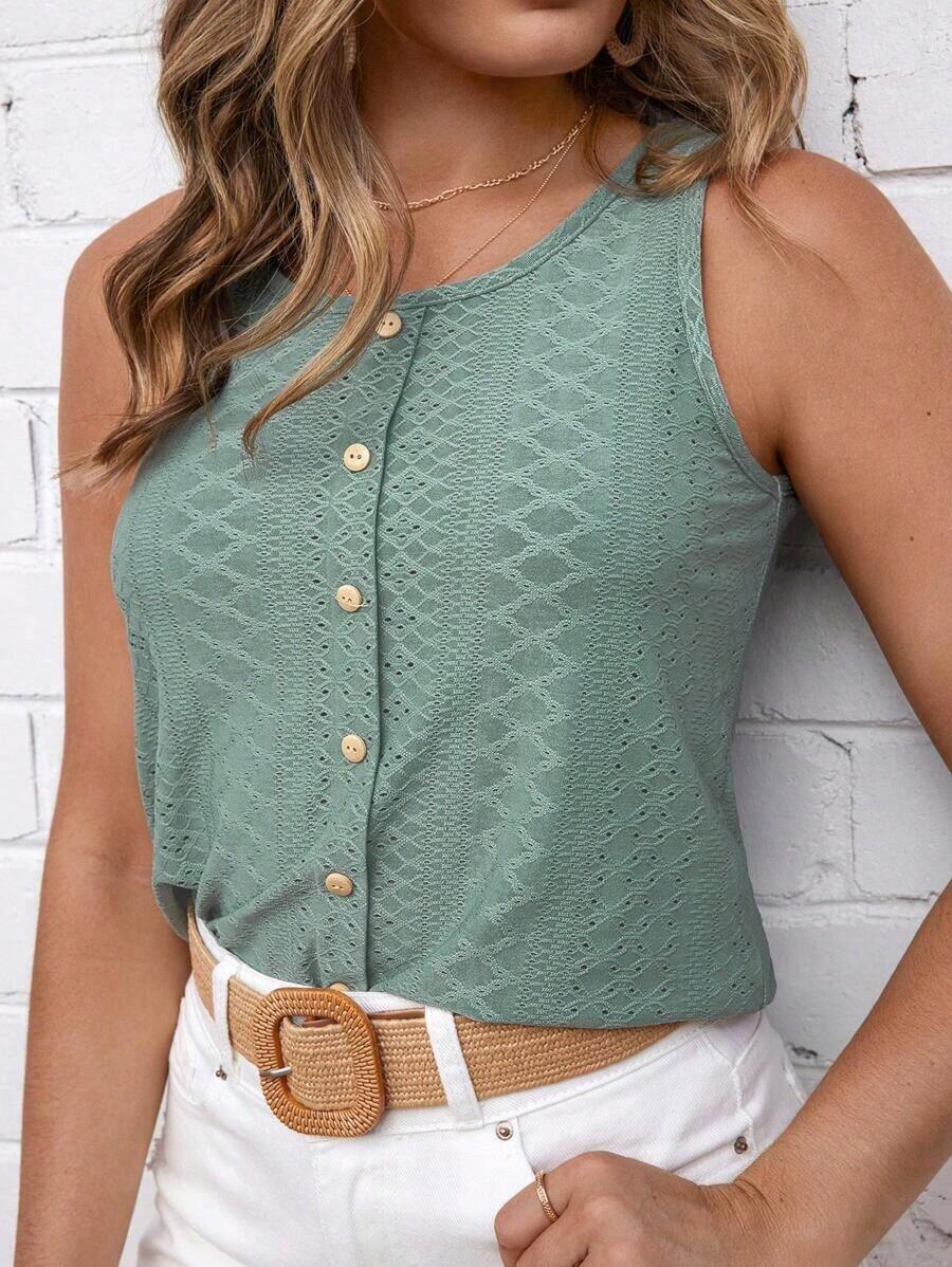LUNE Camiseta de verano para mujer con botones en el frente y cuello redondo, informal - verde menta - Ver 1