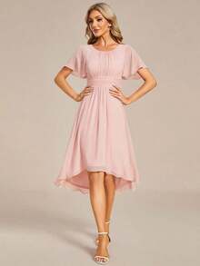 Vestido de dama de honor de gasa con pliegues y mangas con volantes, vestido de noche elegante para invitados de boda en primavera - Rosa Pálido - Ver 3