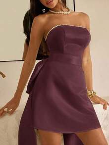 Top bandeau elegante y lujoso con cuello de lazo grande y cadena de perlas, adecuado para bodas, eventos, fiestas, vacaciones, galas - Granada - Ver 6