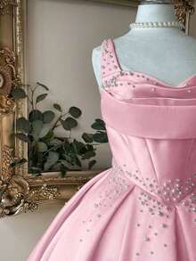 Vestido elegante, lujoso y noble de estilo palaciego con hombros abiertos, escote corazón sin tirantes, silueta de sirena, decoración de perlas falsas y bajo acampanado, adecuado para despedida de soltera, boda, graduación, vacaciones y fiesta de - Rosa - Ver 4