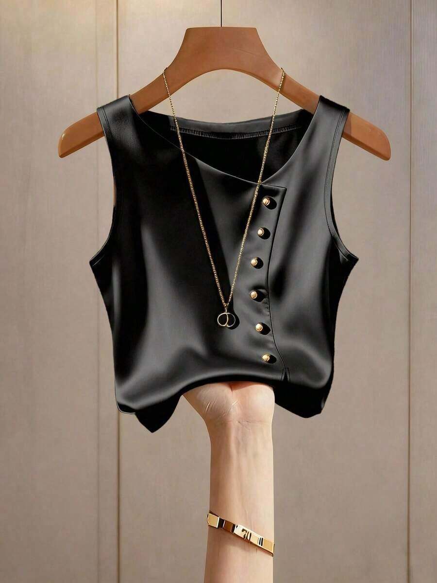 Chaleco de mujer sin mangas de color rosa melocotón, con escote asimétrico, elegante, de punto de satén de alta gama, con decoración de botón metálico y abertura en el bajo - Negro - Ver 1