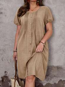 Vestido casual de mujer talla grande de unicolor, cuello redondo, manga corta, abotonado y con bolsillo - Caqui - Ver 7