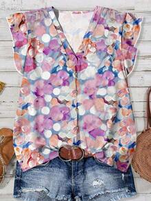 Camisa casual de mujer con estampado floral acuarela, estilo minimalista adecuado para el verano - Multicolor 6 - Ver 1
