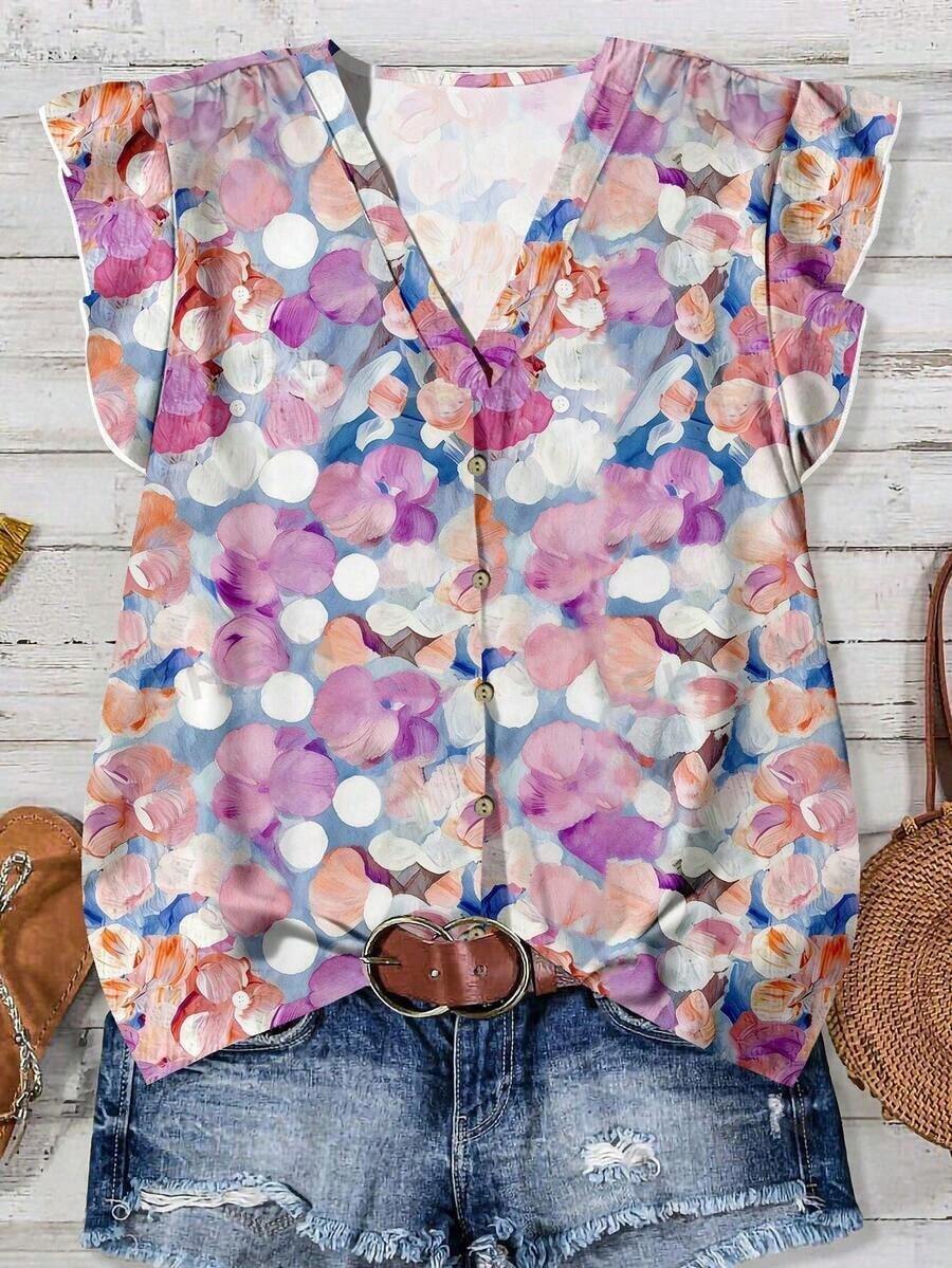 Camisa casual de mujer con estampado floral acuarela, estilo minimalista adecuado para el verano - Multicolor 6 - Ver 1