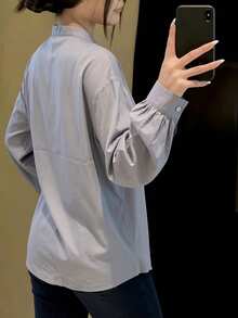 Black Long-Sleeved Shirt With A High Collar And Pleats, Elegant And Versatile Style - Grey - View 3