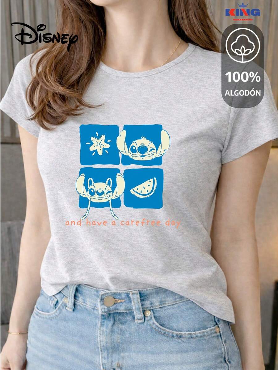 Made From 100% High-Quality Cotton, This T-Shirt Guarantees Exceptional Softness To The Touch, With A Round Neck, "Disney Stitch & Angel Carefree Day" Print, And Short Sleeves. - 淺灰色 - 查看 1