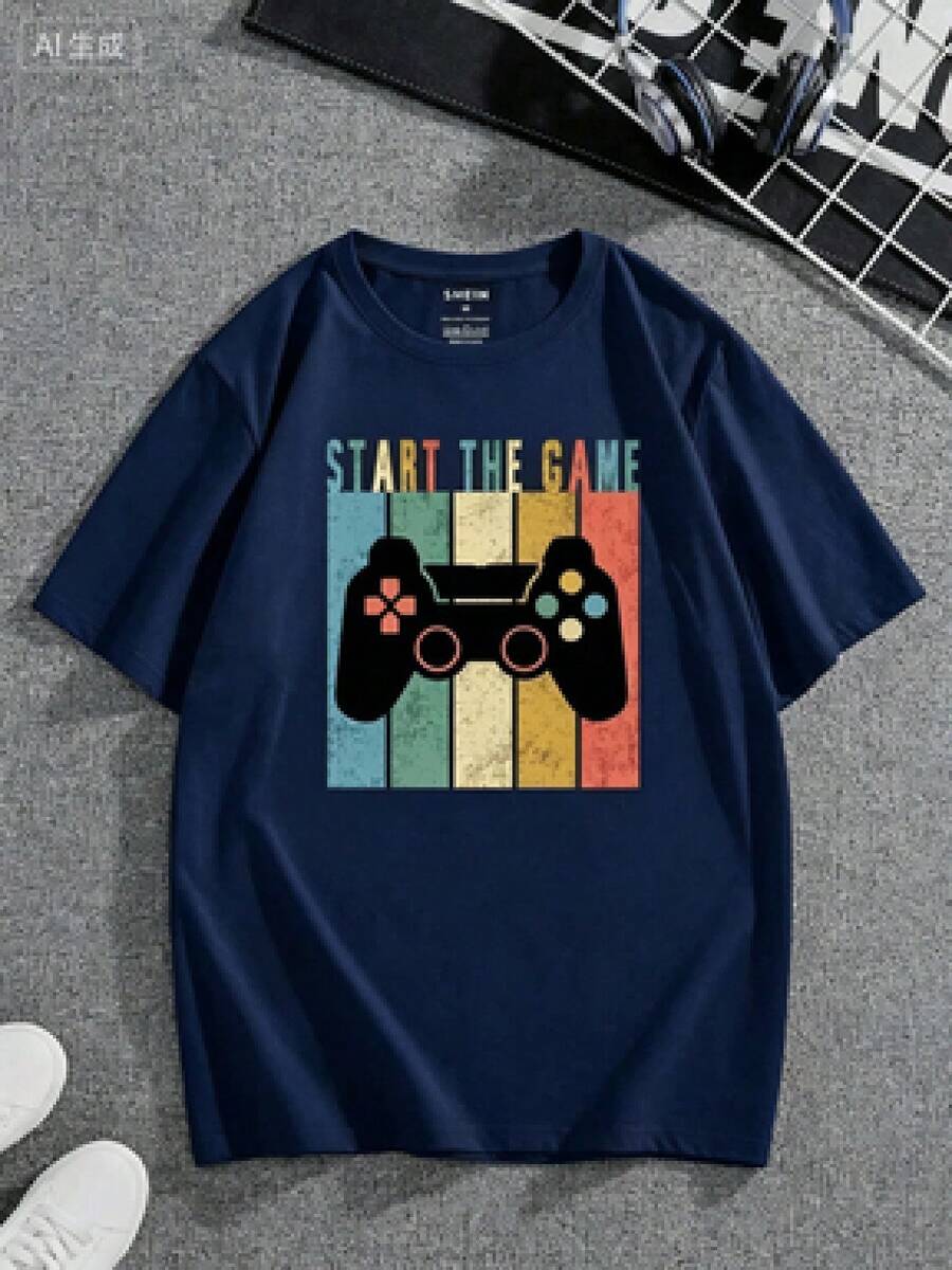 Camiseta de estilo casual con estampado sencillo, cuello redondo y mangas cortas, la versión básica clásica no distingue entre personas, y la parte superior holgada y relajada no genera sensación de restricción. Textura fina, agradable al tacto, transpirable, se puede usar durante mucho tiempo sin deformarse ni formar bolitas, el diseño de impresión de  de nicho es discreto y elegante, solo necesitas modelos básicos en verano, versátiles y combinables con todo tipo de prendas inferiores, cierra los ojos y no te equivocarás. - Azul Marino - Ver 1