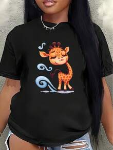 Women's Short-Sleeved T-Shirt In Polyester With A Giraffe Print. Lightweight And Durable, It's A Great Choice For Casual Wear At Home Or In Cafes. The Soft Fabric Features Fun Animal Prints, Making It A Comfortable Option For Everyday Wear. Women's Blouses > Clothing - 黑色 - 查看 7