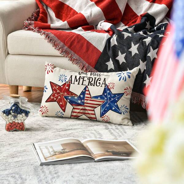 1PC July 4th USA Flag Pillow Cover, Patriotic Star Fireworks Cushion Cover 12x20 Inches, Single-Sided, Pillow Not Included