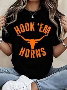 White Short-Sleeved T-Shirt With 'Hook 'Em Horns Longhorn' Logo Print - Women's Casual College-Spirited Clothing, Perfect For Game Days And Everyday Outfits. - 黑色 - 查看 12