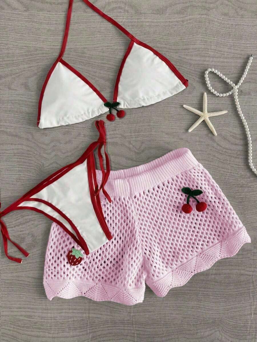 Pantalones cortos de verano de mujer con diseño de cerezas tejidas, con cortes, de moda, lindos y sexys - Rosa - Ver 1