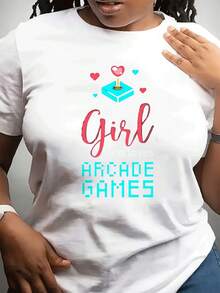 Plus Size Women's Crew Neck T-Shirt With Retro Arcade Game Design - Black And Pink-Blue Pixel Design With "Only Love Arcade" Slogan - Casual Crew Neck Top, Suitable For Female Gamers - Machine Washable, Comfortable For All Seasons - Women's Casual Nostalgic 80s Retro Blouse - 白色 - 查看 7
