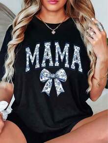 Camiseta Estampada Suave para Mujer, Top Casual de Manga Corta con Diseño Floral MAMA y Lazo, Ideal para Salidas Diarias y Vacaciones, blusa casual mujer, playeras de mujer algodón - Negro - Ver 1