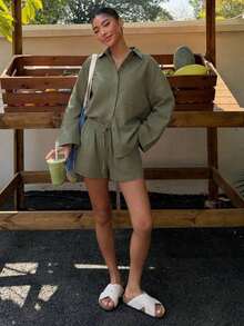 Conjunto de camisa tejida blanca y pantalones cortos de verano, nuevo y casual para vacaciones de mujer - Verde militar - Ver 6