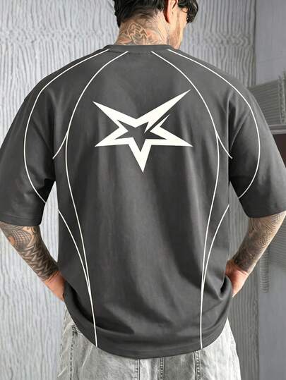  FRACTYR Men's Summer Casual Retro American Letter Graphic Short Sleeve T-Shirt, Loose Fit Letter Print Streetwear Tops, Breathable Comfortable Casual Wear