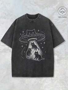 Unisex Y2k T-Shirt Gothic T-Shirts Grunge Clothes Funny Cat UFO Cute Kitty Space Spaceship Alien Aesthetic Print Washed T Shirt 230gsm, Round Neck Gym & Outdoor Sports Apparel, All-Season Fitness Shirt, Training Gear, Sporty Design, Durable Construction, Performance Wear, Casual Athletes, Gym Shirts, Comfortable Fit Shirt, Workout Clothing, Street Style - 黑色 - 查看 9
