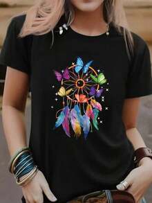 Tops de mujer casuales, blusa de algodón color negro con estampado de mariposas, manga corta, estilo relajado, temporada 2026 - Negro - Ver 1