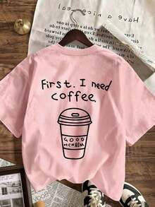 Women's T-Shirt With Graphic Print "First. I Need Coffee." Round Neck And Short Sleeves, Relaxed And Casual Fit, Versatile, Suitable For Everyday Wear And Summer Holidays - 羅莎 - 查看 4