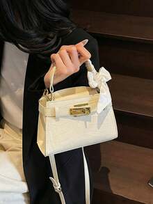 Stylish Mini Kelly Hand Bag Features A Multi-Colored Crocodile Embossed Design And Comes With A Matching Scarf, Featuring A Metal Clasp And An Adjustable Crossbody Strap. Suitable For College Students, Working Professionals, And Stay-At-Home Moms, It's Ideal For Commuting, Vacations, Shopping, Or Birthday Parties. - Multicolor - View 14