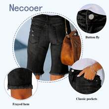 Necooer Women Jean Shorts Ripped Casual Summer Mid Waist Stretchy Five Points Denim Jean Shorts - 黑色-2 - 查看 5