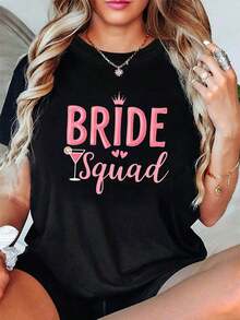 Camiseta de manga corta con cuello redondo y estampado gráfico de Bride Squad para mujer, ideal para la temporada de bodas.Transpirable y cómoda. - Negro - Ver 6