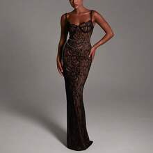 Vestido Largo Encaje Tirantes Hombros Descubiertos Ajustado Estilo Elegante Nueva Llegada - Negro - Ver 8