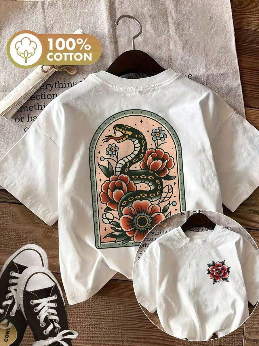Women's Short-Sleeved T-Shirt, 100% Cotton, Double-Sided Print, Round Neck, Casual Style, Graphic Design Of Snake And Peony In Traditional American Tattoo Style, Summer Top. - 白色 - 查看 1