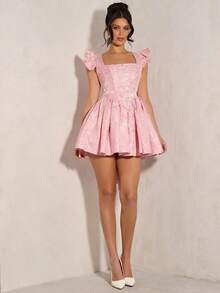 Vestido Rosa Jacquard con Cuello Cuadrado y Lazo en la Espalda, Vestidos Pastel para Mujer - Rosa - Ver 6