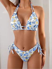 Nuevo bikini de 3 piezas para mujer con estampado, diseño sexy con tiras ajustables, traje de baño para playa y vacaciones - Rosa - Ver 5