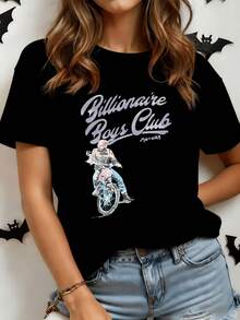 Adventurous Motorcyclist On A Blue Motorcycle Symbolizing Freedom, Courage, And Enthusiasm For Speed, Expressing A Modern And Energetic Urban Spirit. Casual White Women's T-Shirt Made For Everyday Wear. - 黑色 - 查看 8