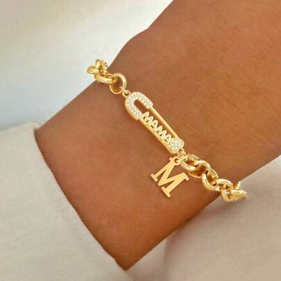 1pc New Classic Initial MAMA Pin Golden Stainless Steel Chain Bracelets For Women