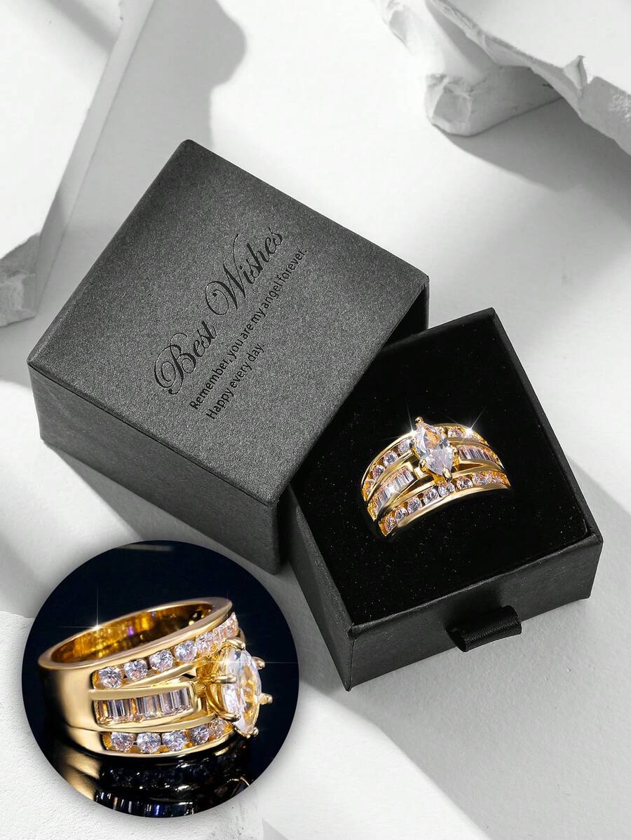 Ensemble de bagues de luxe pour femmes en or, bague de déclaration avec zircone cubique taille marquise, bagues de mariage et de fiançailles à plusieurs rangs, bijoux de mariée en cadeau - Doré - Voir 1