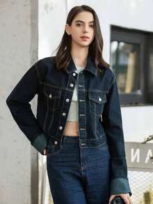 Chaqueta casual de mujer de unicolor de denim con solapa y manga larga - Azul marino - Ver 8