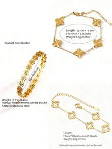 VceTd 1 Set Perhiasan Stainless Steel Motif Daun Semanggi yang Modis, Cocok untuk Wanita, untuk Bepergian atau Pemakaian Sehari-hari - Yellow Gold - View 12