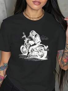 Women's Casual Short Sleeve Motorcycle Graphic Print T-Shirt - Soft Polyester Blend, Crew Neck, Regular Fit, Summer Essential Casual Wear, Motorcycle T-Shirt. - 黑色 - 查看 1